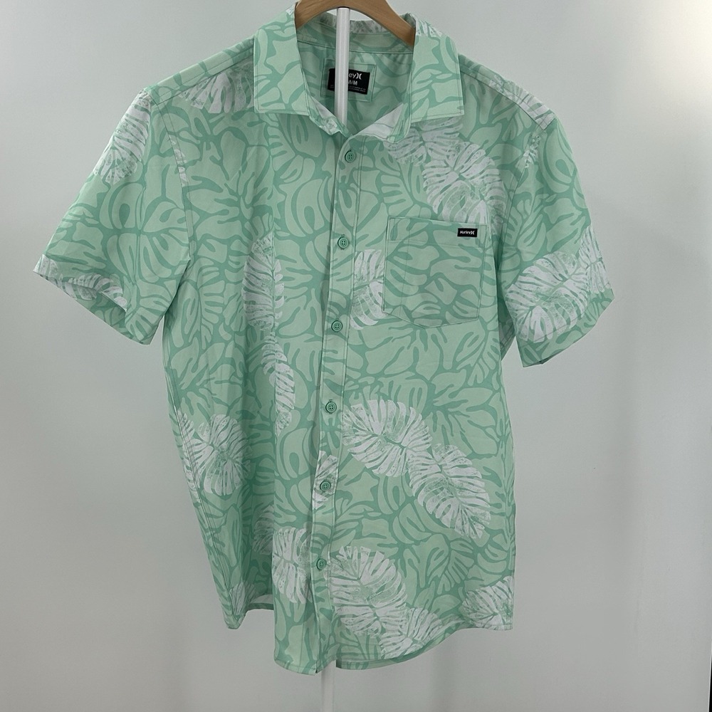 Hurley Tropical Button Up Shirt Men's Medium Mint Green Palm‎ Leaf Beach Summer
